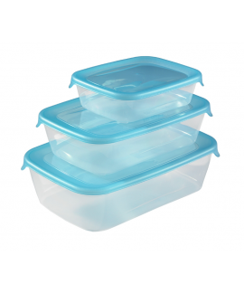 Set 3 caserole plastic alimente Curver Fresh&Go, 0,5L+1L+2L, dreptunghiulare, Transparent/Albastru, fara BPA